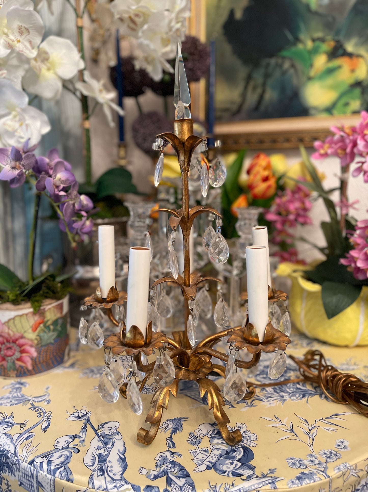 Italian Gilt Tole Table Lamp, Vintage, Five Light, vintage Gilt Lamp