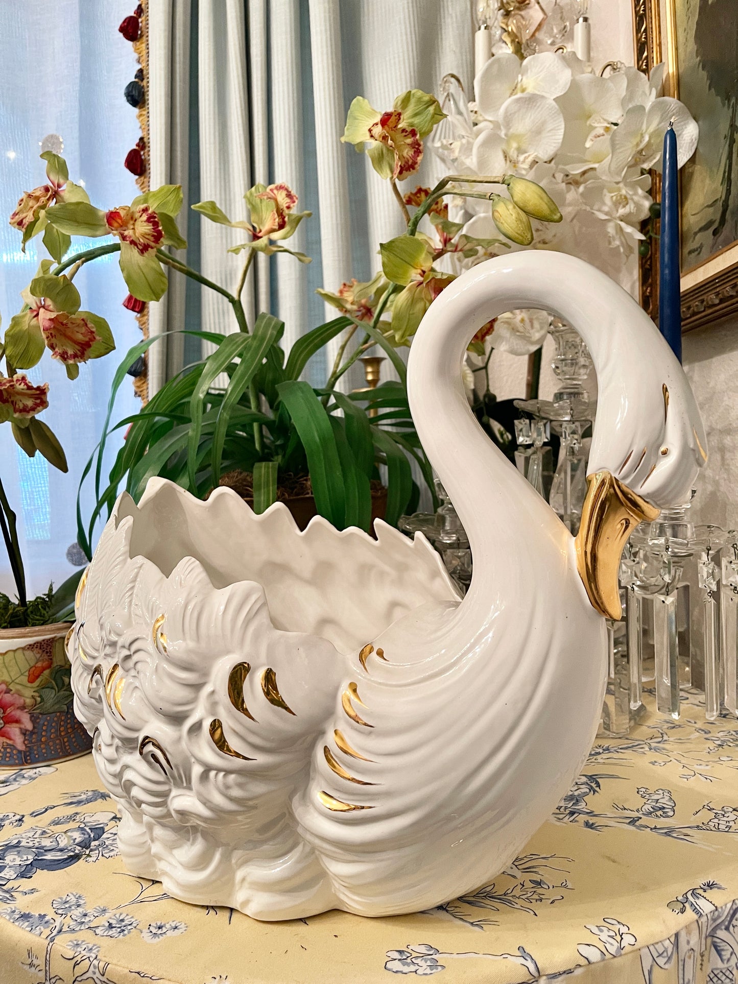 Vintage Italian Swan Planter, Hand Painted, Gold Detail