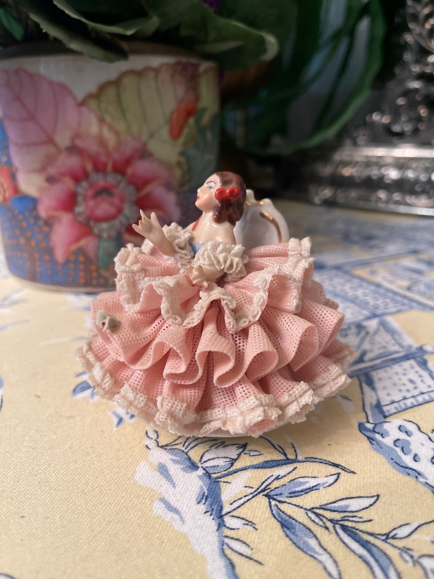 Dresden Figurine Dressed in Pink and White, Vintage Shelf Decor