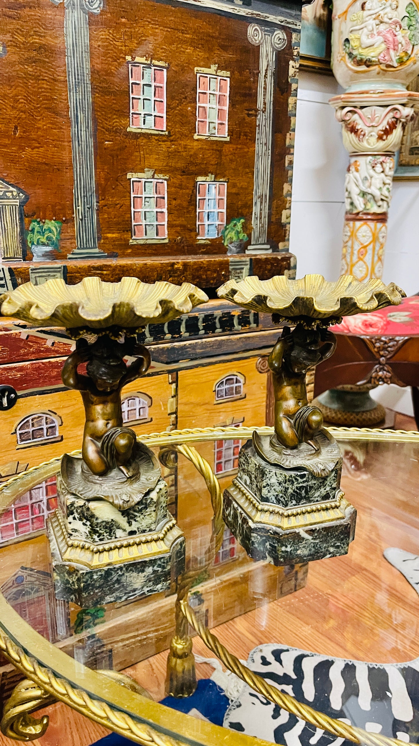 Antique Bronze & Marble Putti Tazzas — Pair, Estate Sourced Heirloom Decor