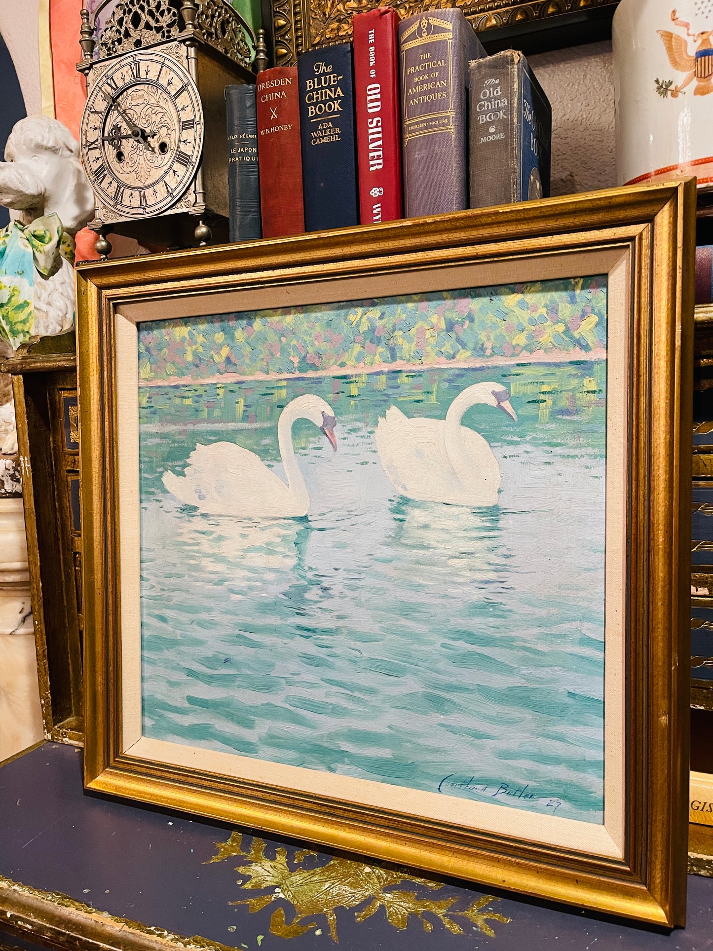 Vintage Swan Painting by Courtland Butler, artist Signed, Estate Art