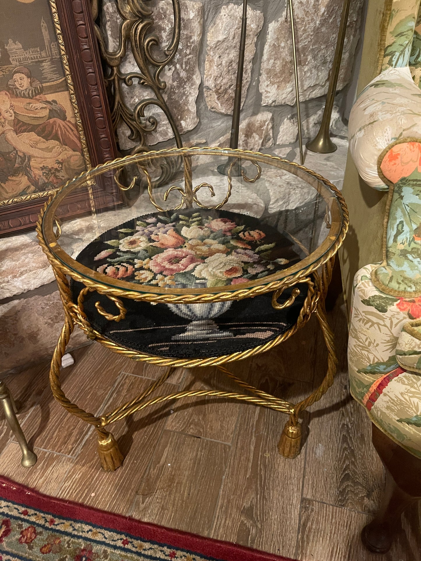 Italian Tôle Rope & Tassel Side Table with Glass Top and Vintage Needlepoint Insert — Round Top Find