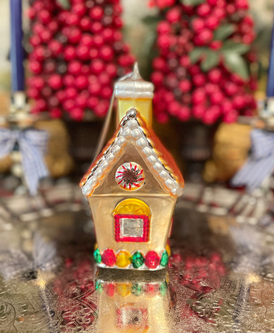 XLARGE Vintage Hand Painted Dept 56 Gingerbread House Mercury Glass Ornament