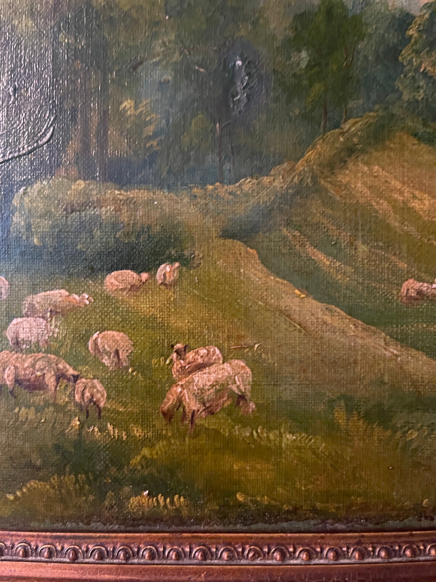 19th Century French Pastoral Oil Painting of Sheep Grazing — Antique Landscape with Varnished Finish