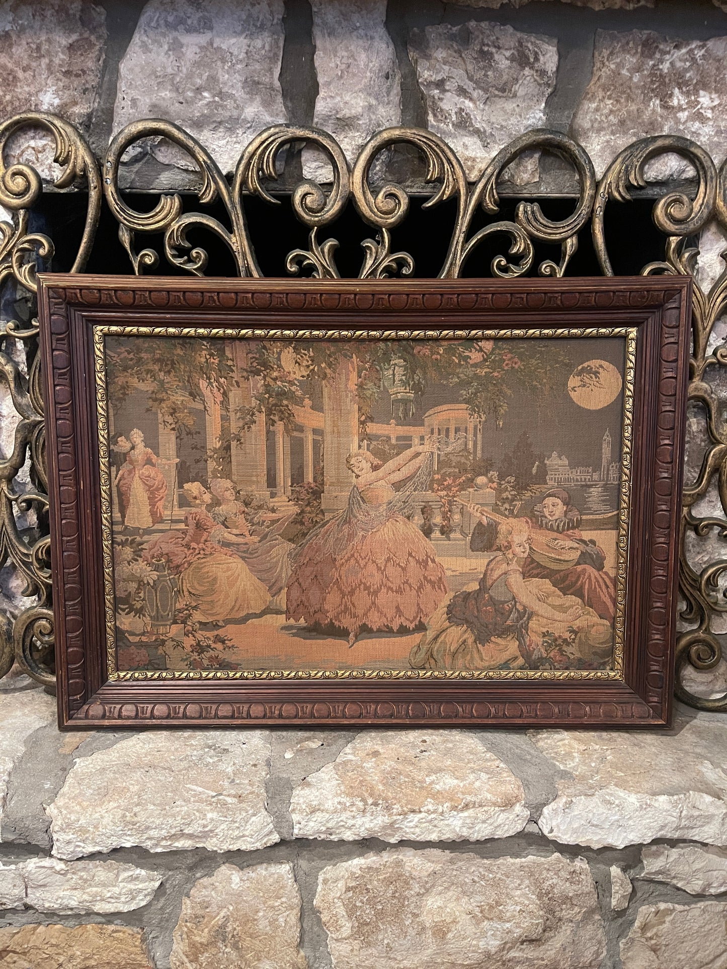 Antique French Tapestry with Moonlit Soiree, Elegant Dancer in Pink Dress, Round Top Find,  Rococo Style Wall Art