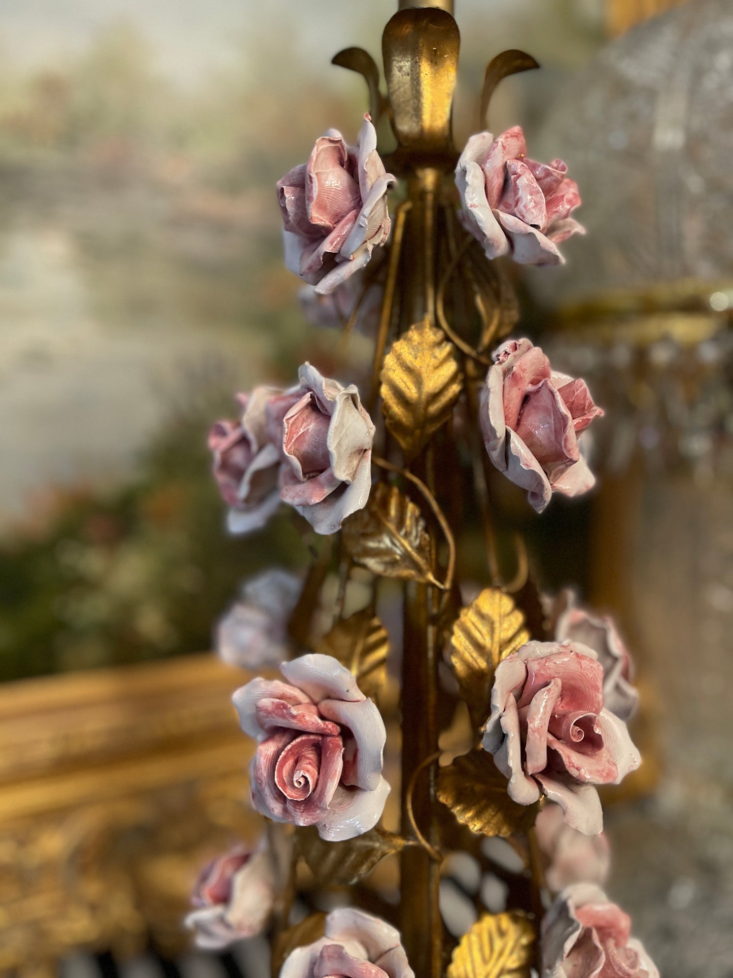 Vintage Italian Gilt Tole Lamp with Pink Porcelain CAPOdimonte Roses