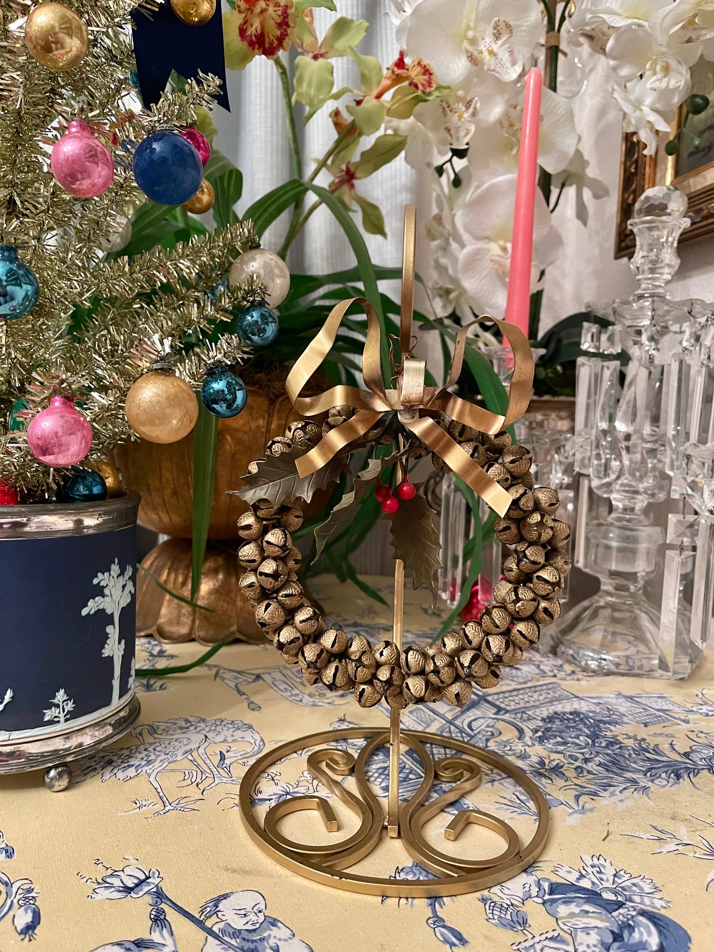 Vintage Gold Tole Jingle Bell Wreath with Bow, Green Leaves and Red Berries