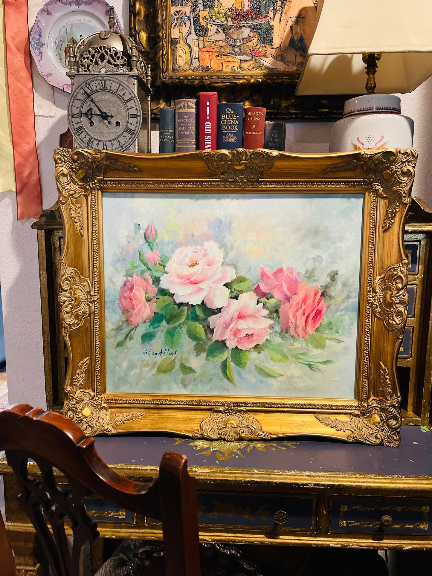 Vintage Rose Painting, Cottage Style, Artist Signed, Ornately Framed