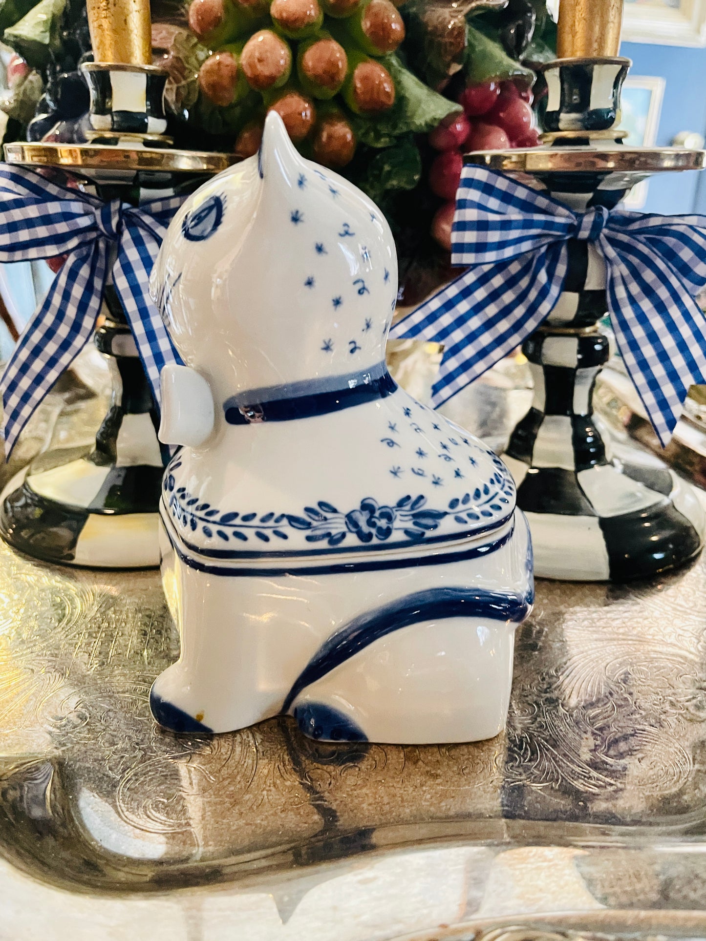 Blue and White Cat with Bow Tie Lidded Dish, Made in Portugal