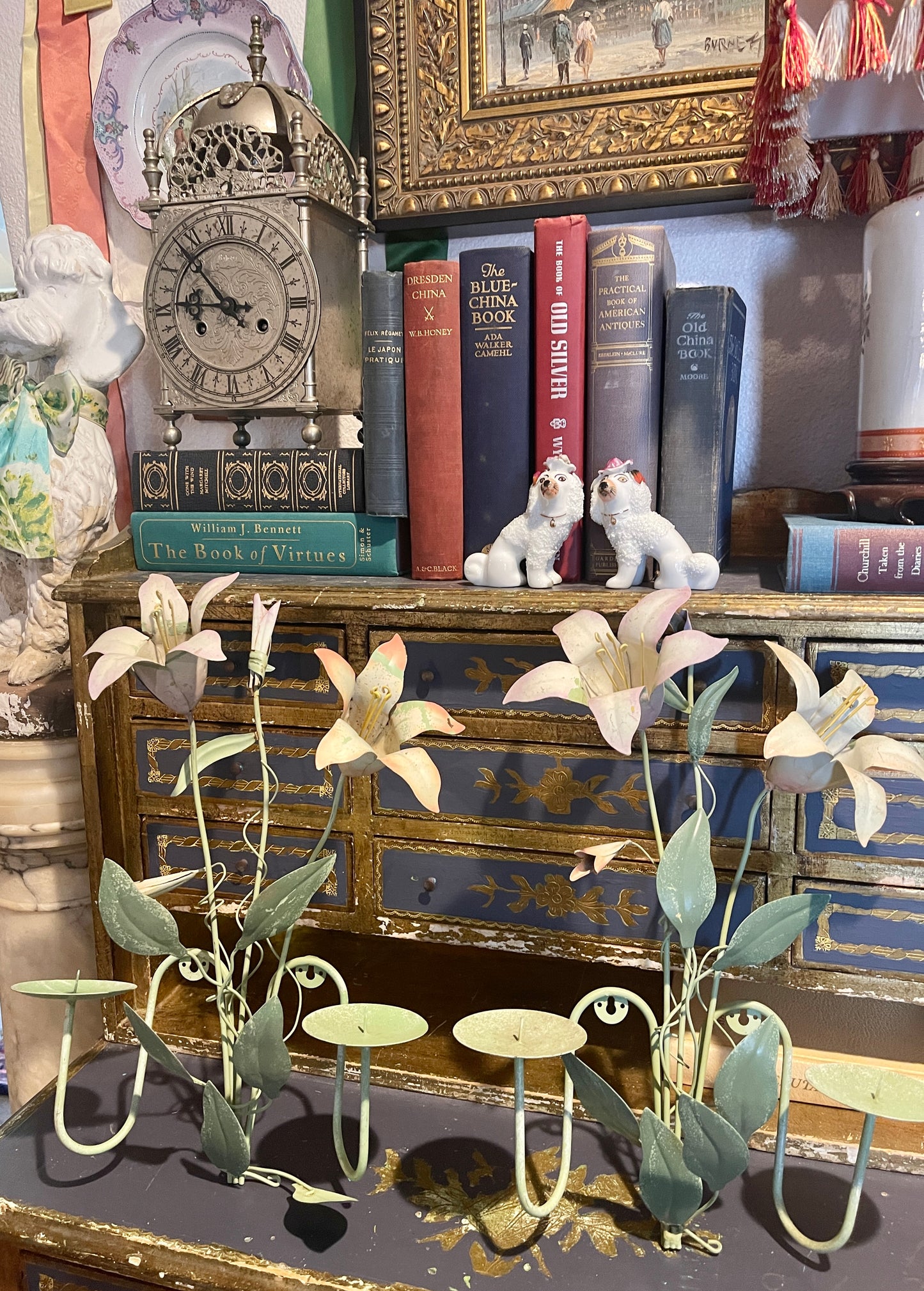 Vintage Tole Pink and Green Lily Candle Sconces, Pair, Chippy Paint, Cottage Chic