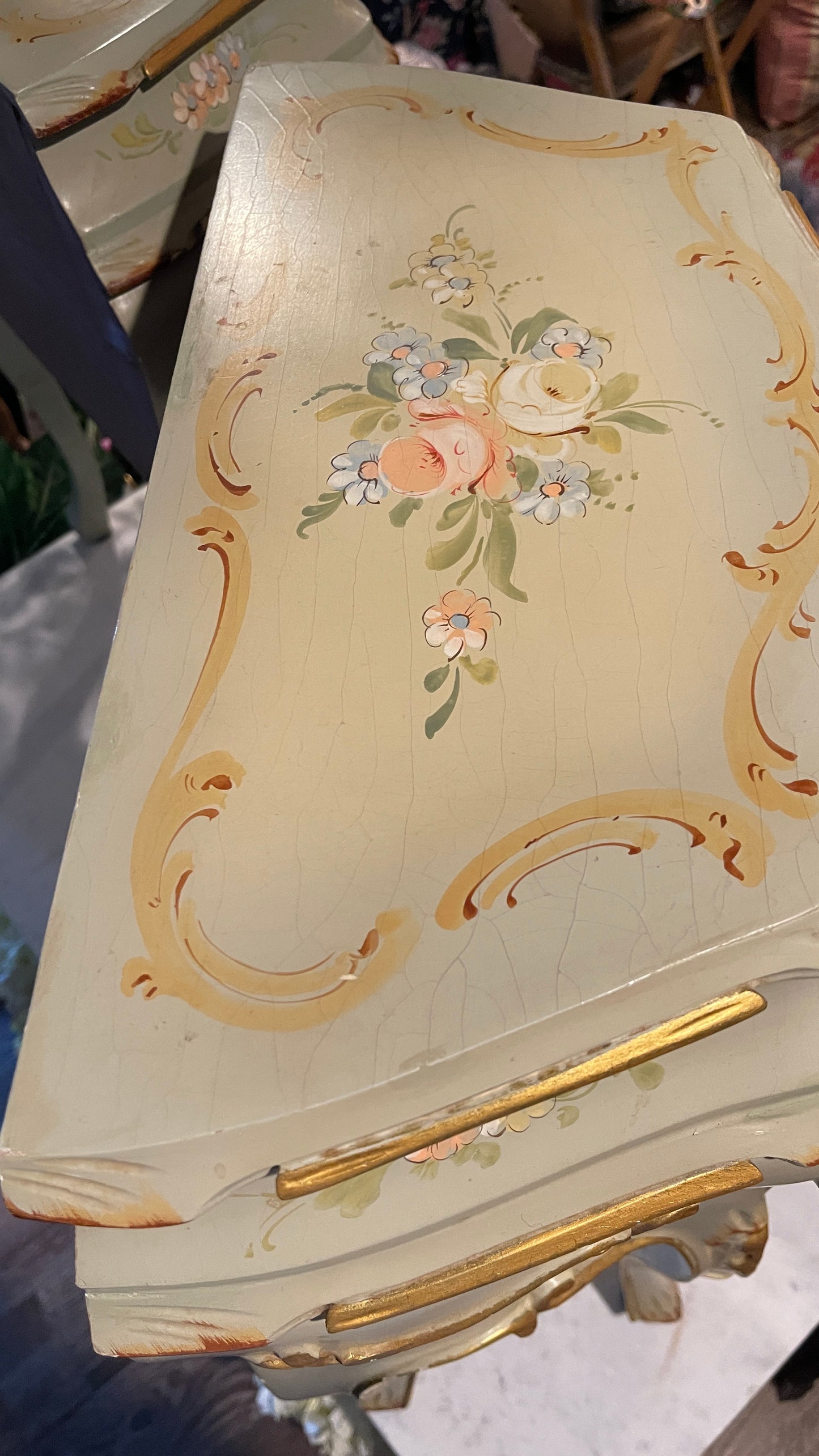 Vintage Pair of Louis XV Style Hand-Painted Bombe Bedside Cabinets | French Blue-Green Accent Chests