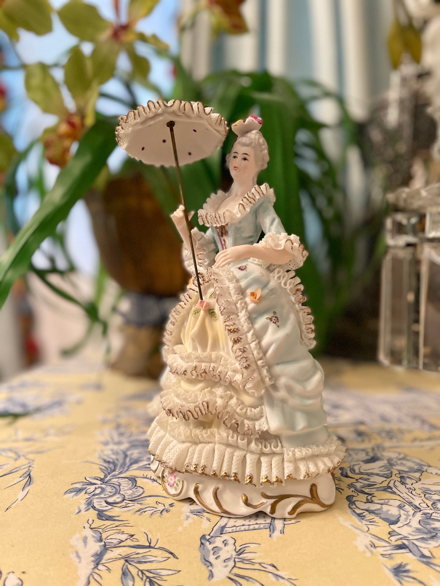 Victorian Statuette with Parasol, French Blue and White Dresden Style Lace Dress with Applied Porcelain Flowers