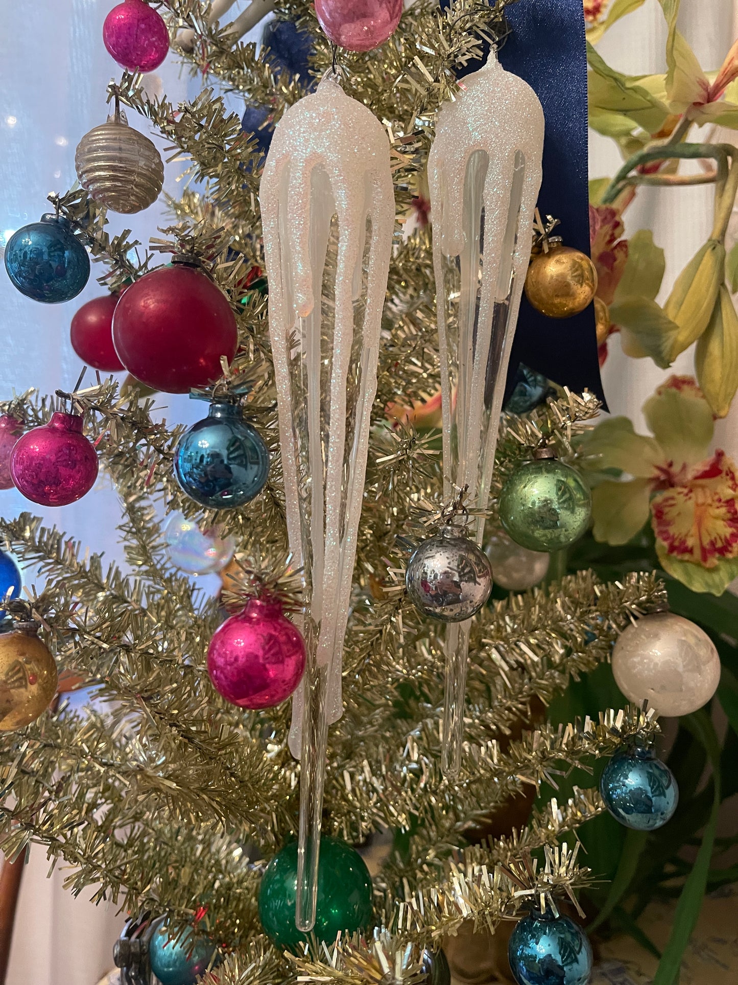 Glittery Snow Capped Glass Ice Cycle Ornament Pair, Vintage, Sold in Pairs