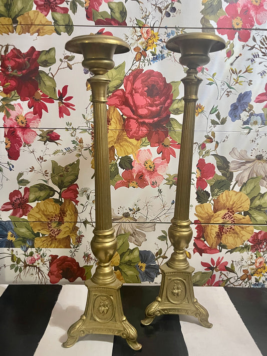 20th Century Pair of Brass Altar Stick Candlesticks with Jesus and Sacred Hearts, Altarware Brass Candlesticks