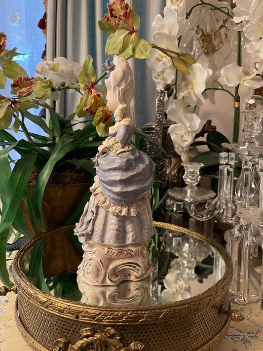 Whimsically Romantic Vintage Cordey Marie Antoinette–Inspired Rococo Lady Statuette | 11” | Blue and White with Light Blue Bows