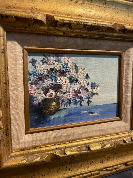 Original Vintage Floral Still Life Oil Painting in Ornate Gilt Frame – Textured Palette Knife Style on Canvas