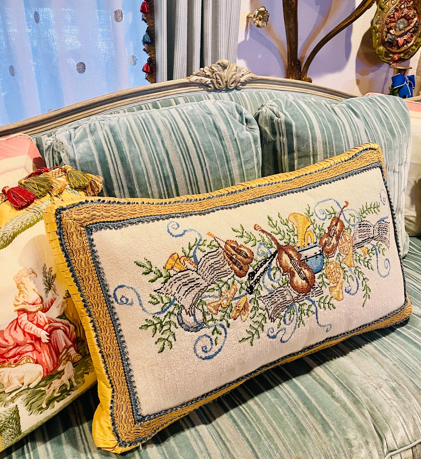 Vintage Musical Needlepoint Pillow with Blue Trim and Shantung Silk