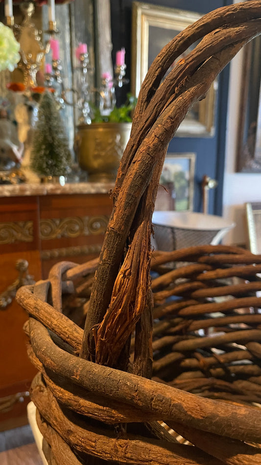 Large Vintage Hand-Woven Grapevine Gathering Basket | French Country Style