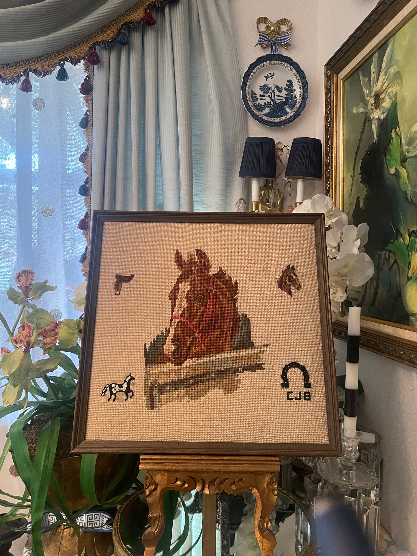 Vintage Western Horse Needlepoint, Framed Americana Ralph Lauren Style Equestrian Art