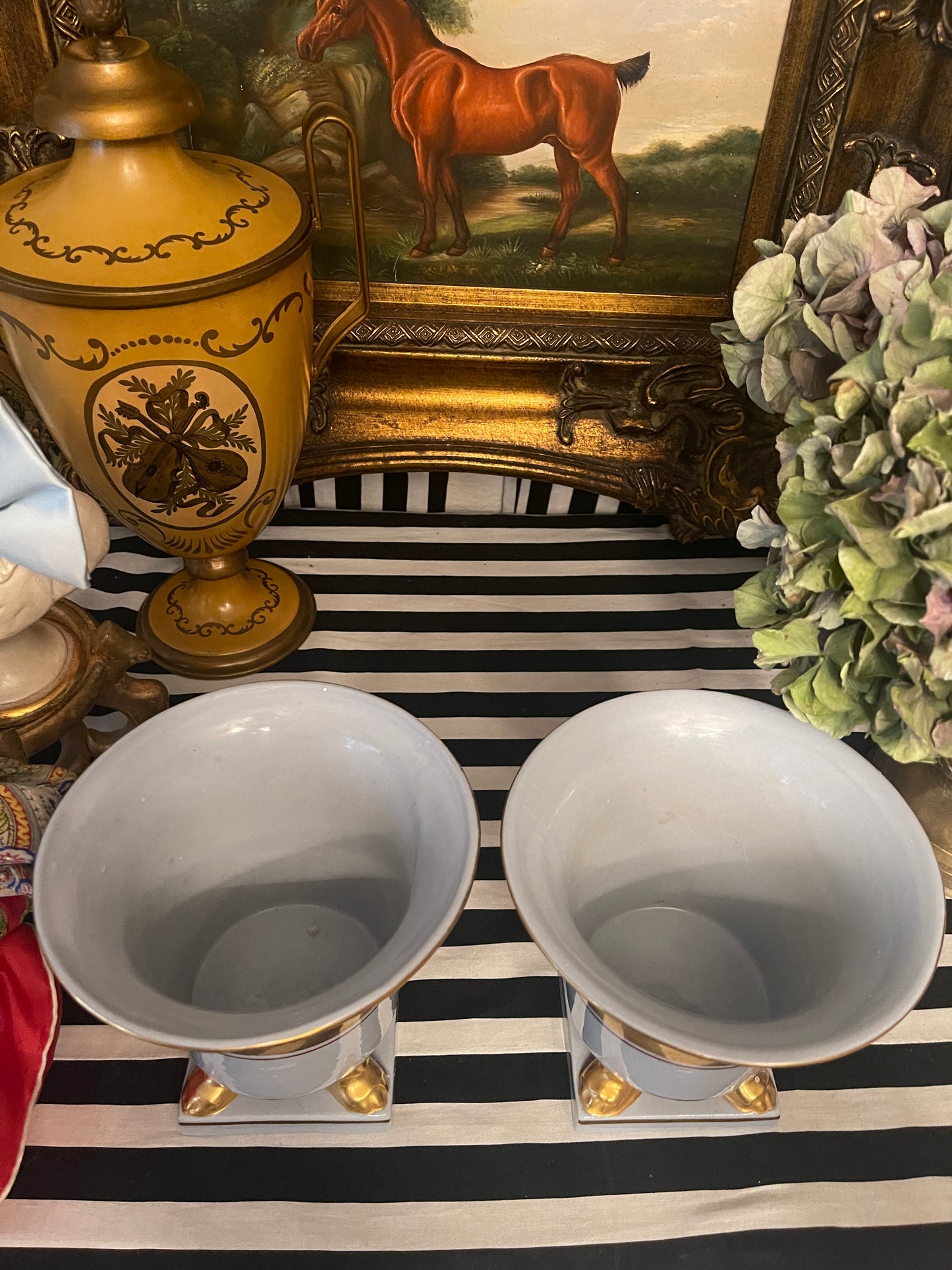 Porcelain Empire Footed Urns, Gilt Detail, Pair, Vintage