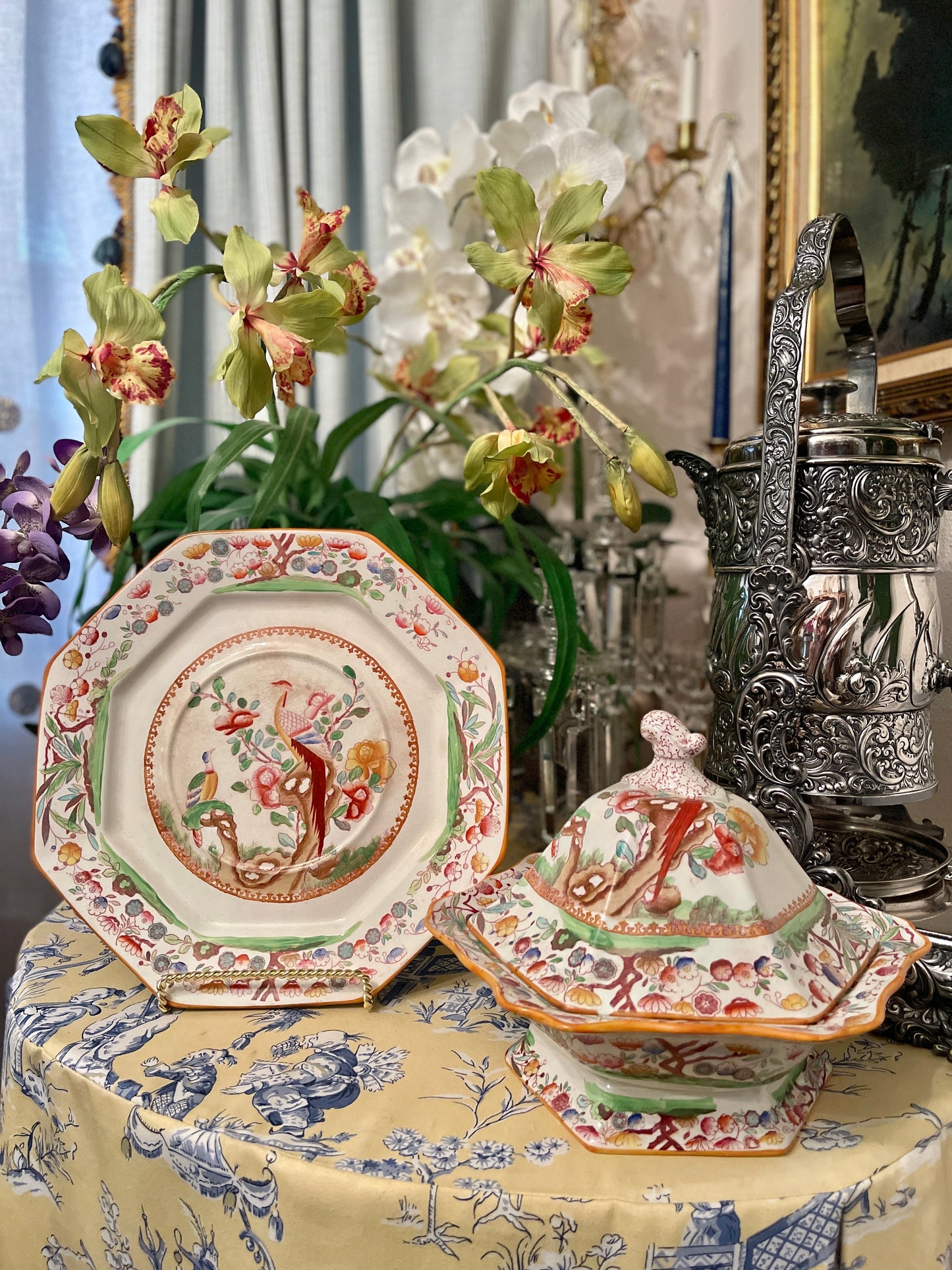 Antique Chinoiserie Birds of
Paradise Lidded Dish and Underplate by Ashworth
Bros. Hanley, Staffordshire England, Mason's Ironstone, Chinoiserie Chic