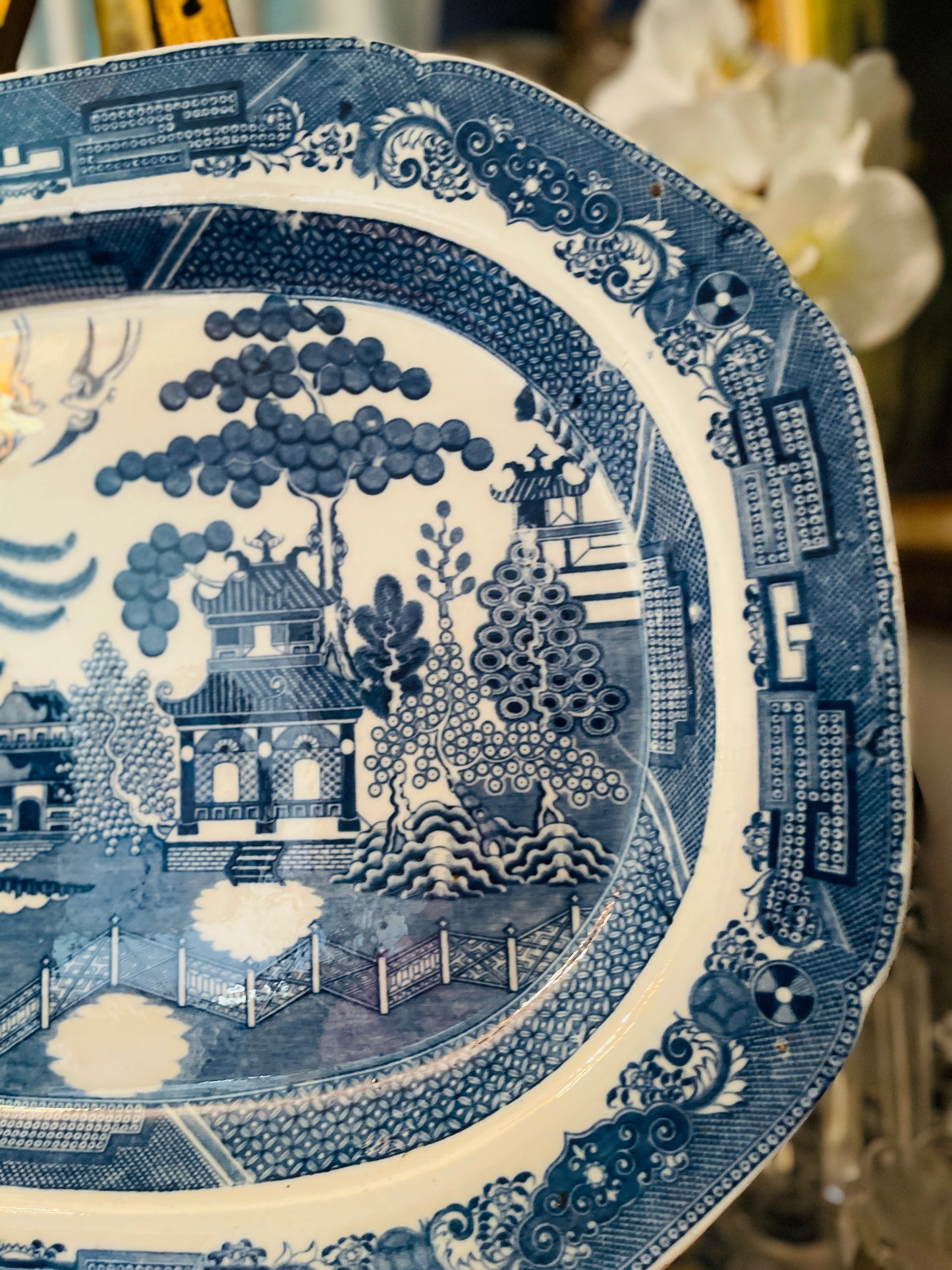 Antique English Blue Willow Platter – 20” Deep Cobalt Transferware Dish | Vintage Octagonal Serving Plate | Willow Pattern China