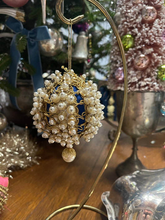 Vintage Blue and White ‘Pearl’ with Gold Push Pin Christmas Ornament