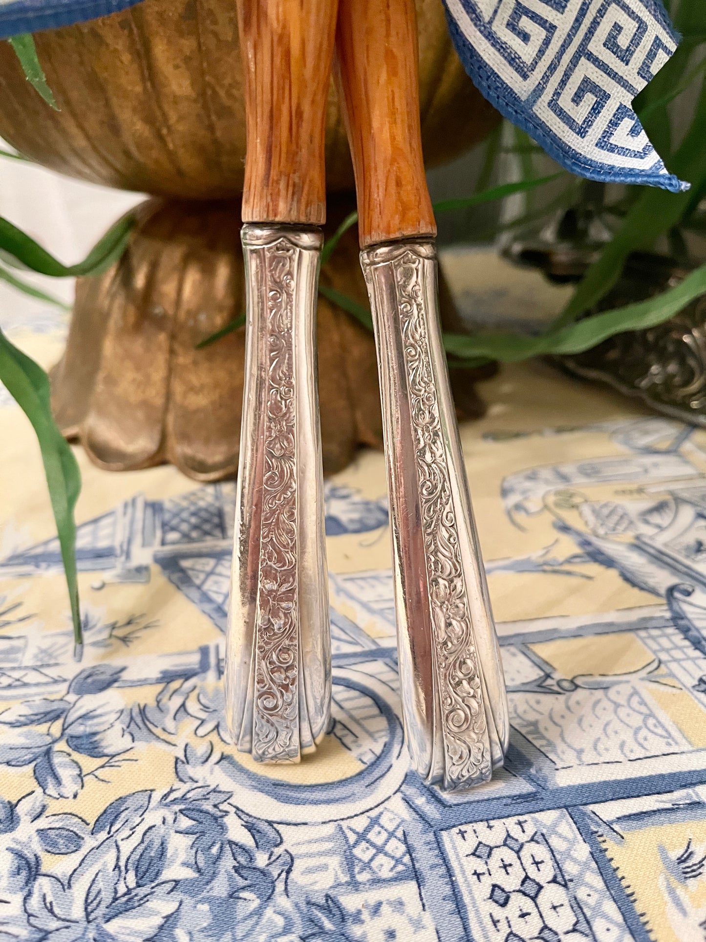 Vintage Sterling Silver and Wood Salad Fork and Spoon Serving Set