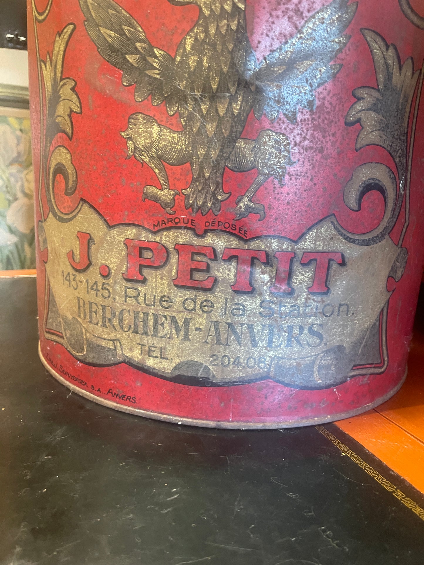 Large Antique French Coffee Tin – J. Petit “Torréfaction de Cafés” Advertising Canister from Antwerp, c. 1900