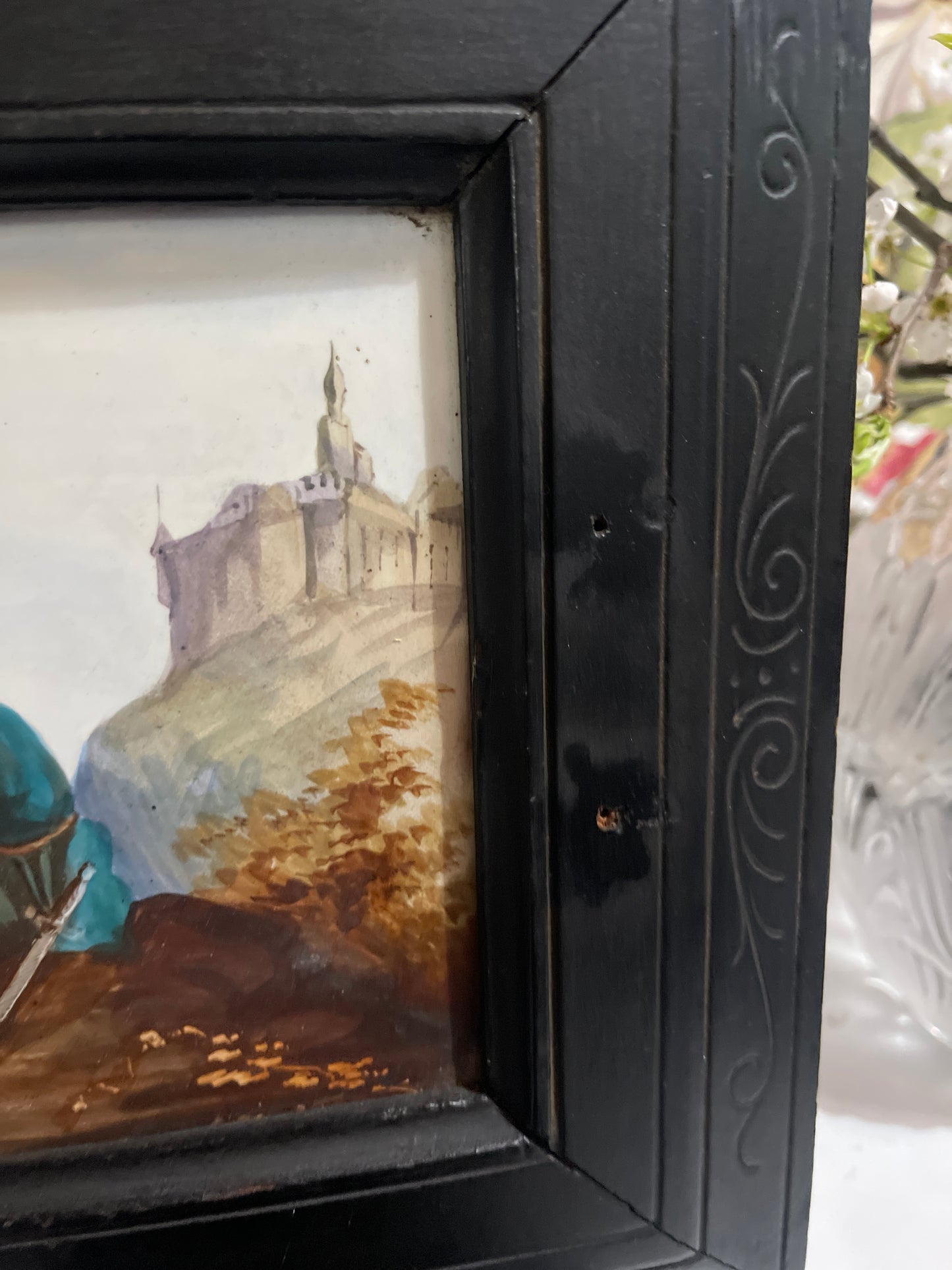 19th Century French Porcelain Napoleon III Table Top, Ebonized Wood, Hand Painted