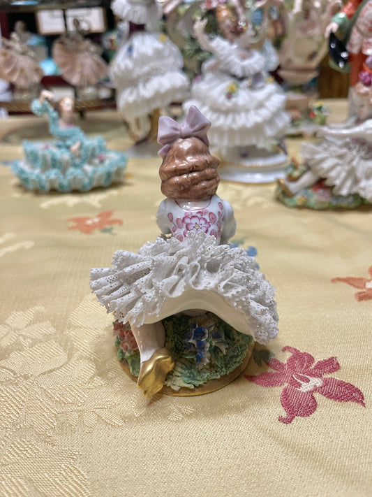 Vintage German Porcelain Dresden-Style Lace Playing Girl Figurine with Bow