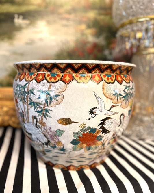 Vintage Chinoiserie Heron Fishbowl Planter