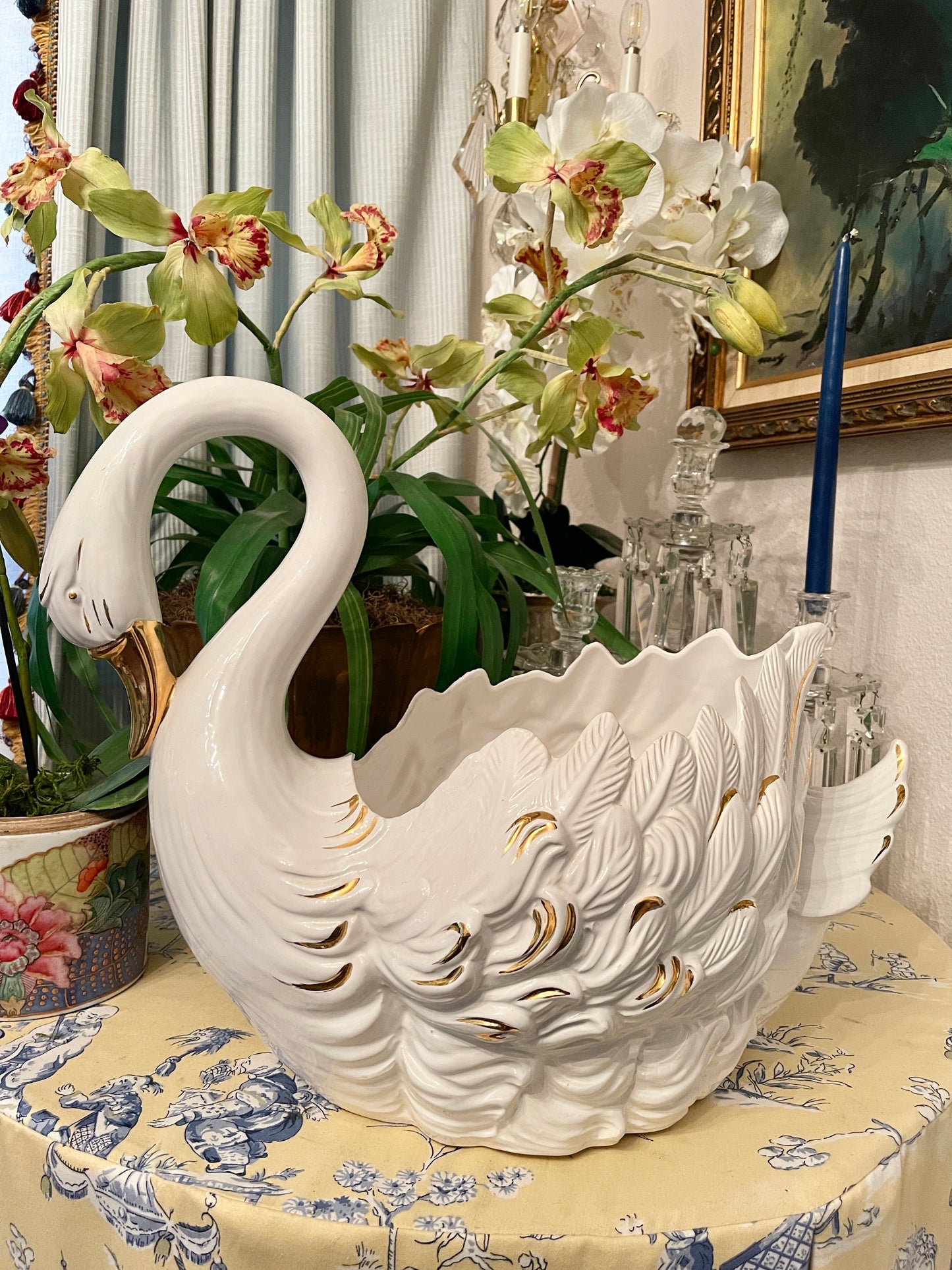 Vintage Italian Swan Planter, Hand Painted, Gold Detail