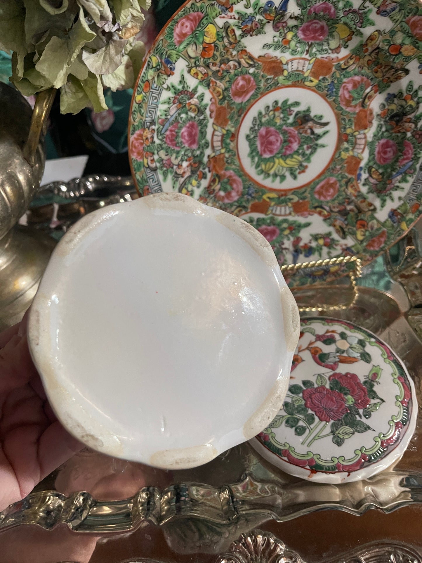 Chinoiserie Bok Choy Porcelain Trinket Box, Vintage