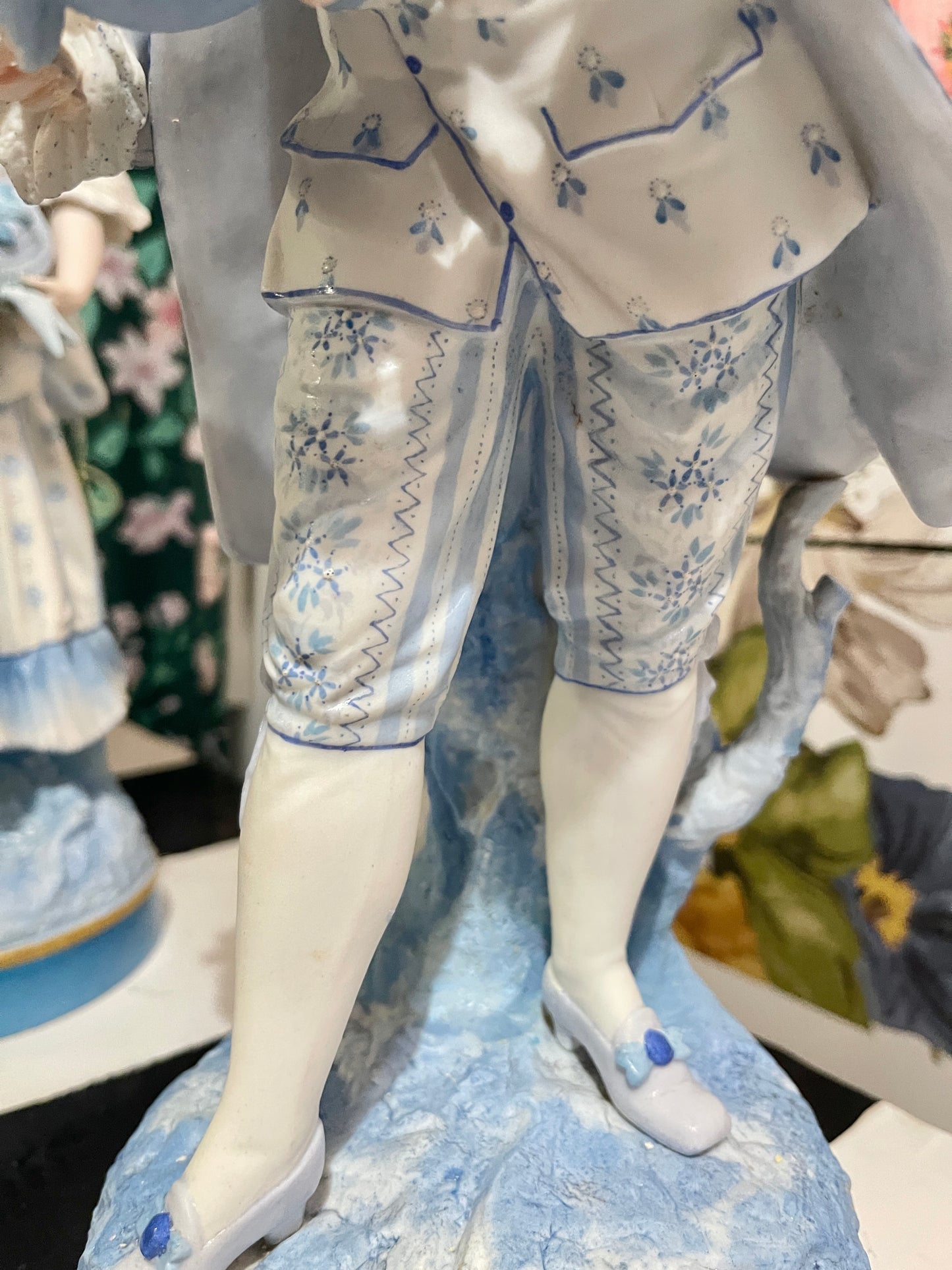 Blue and White French Figural Porcelain Statuettes, European Porcelain Bisque, Hand Painted