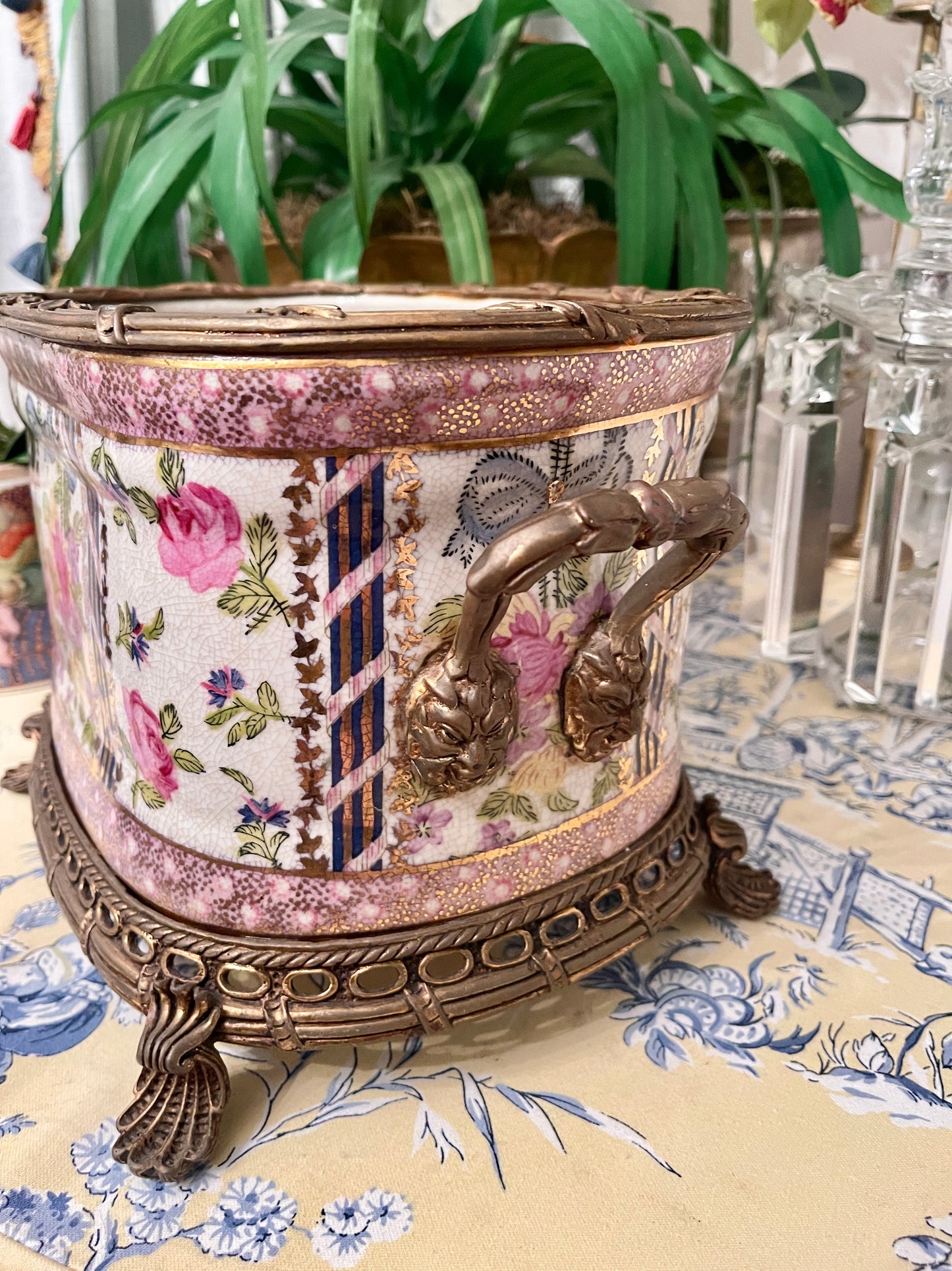 Vintage Floral Porcelain and Ormolu Shell Footed Planter, Blue Bow, Double Handled