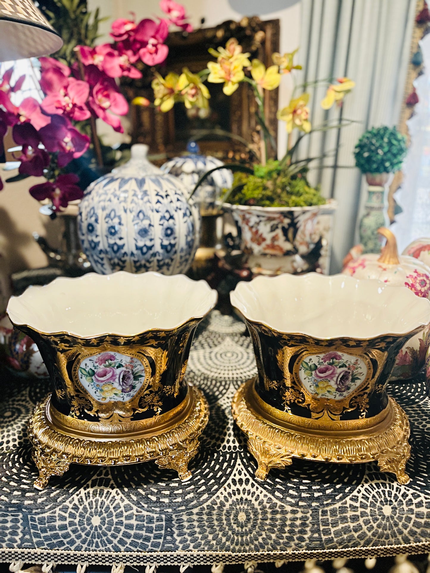 Vintage Cobalt Blue and Gilt French Bouquet Jardiniere
