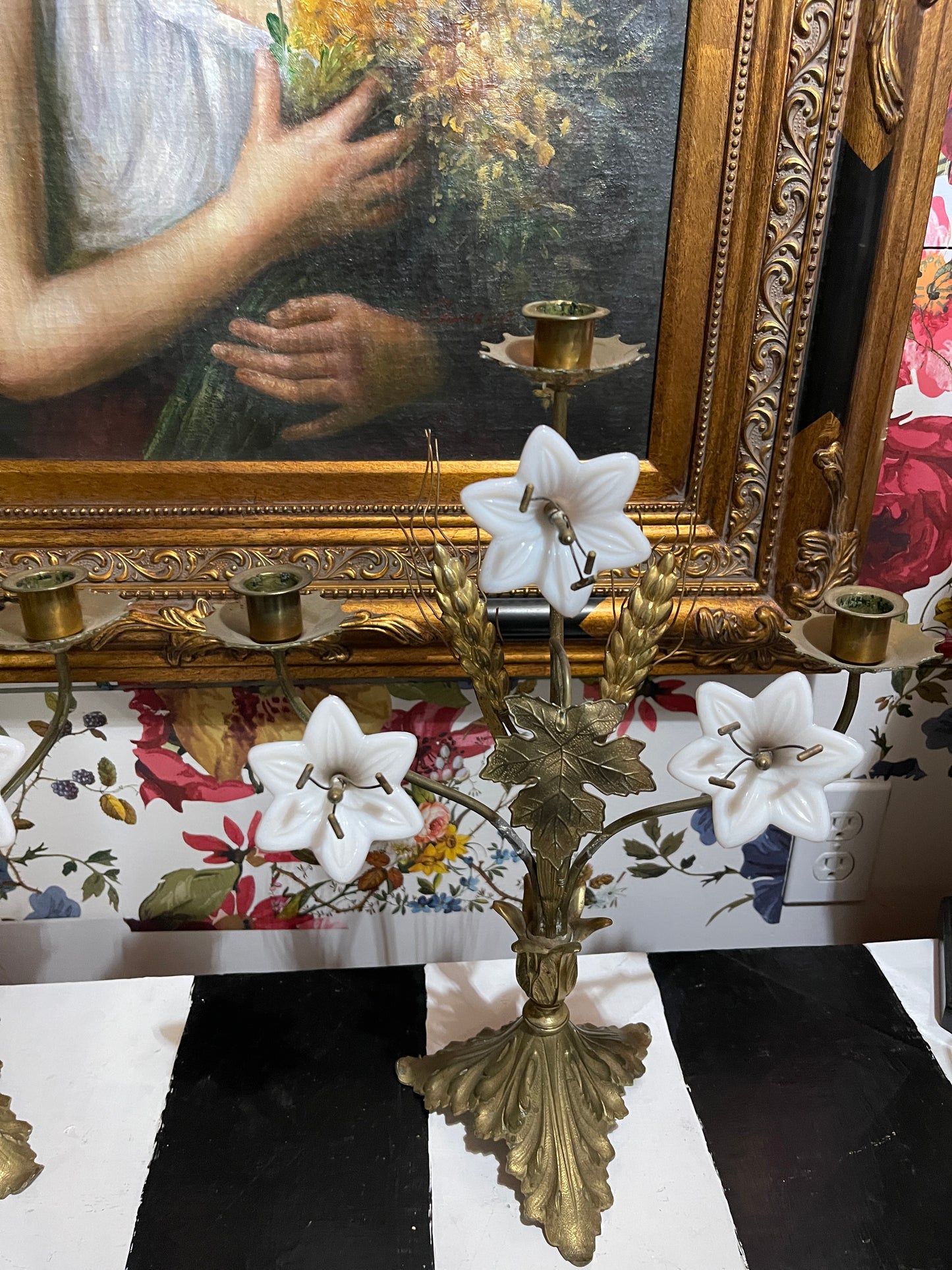 Pair of Antique French Brass Altar Candelabras with Milk Glass Lilies & Wheat Sheaves – Ecclesiastical Candle Holders