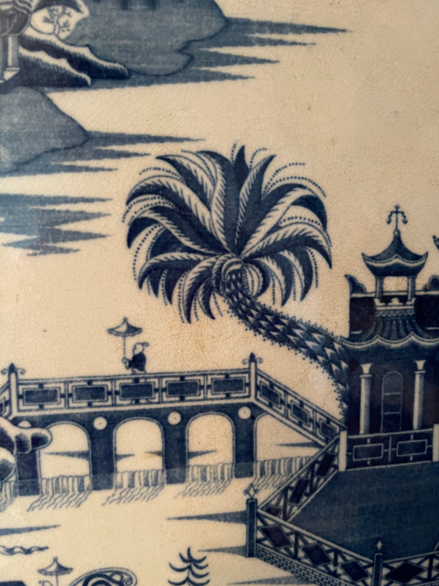 Antique English Chinoiserie Platter – 20” Date Palm & Royal Barge Blue Transferware | Early 1800s Orientalist Pattern Serving Dish