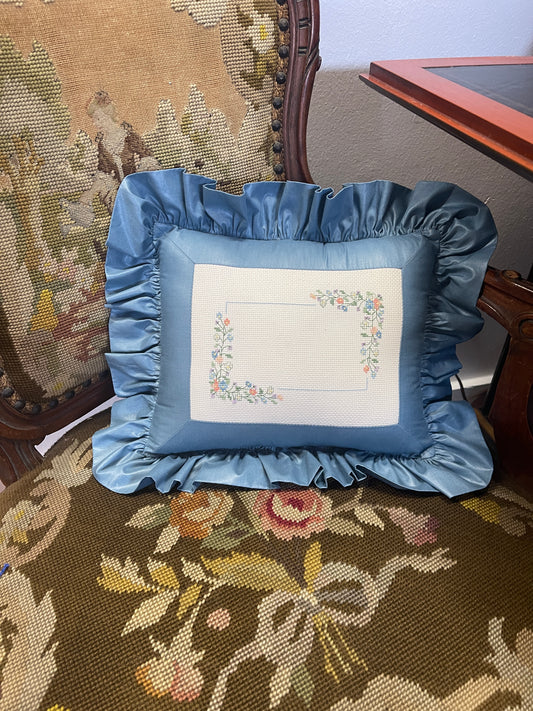 Vintage Blue Ruffled Pillow with Colorful Needlepoint Flowers, Estate Decor