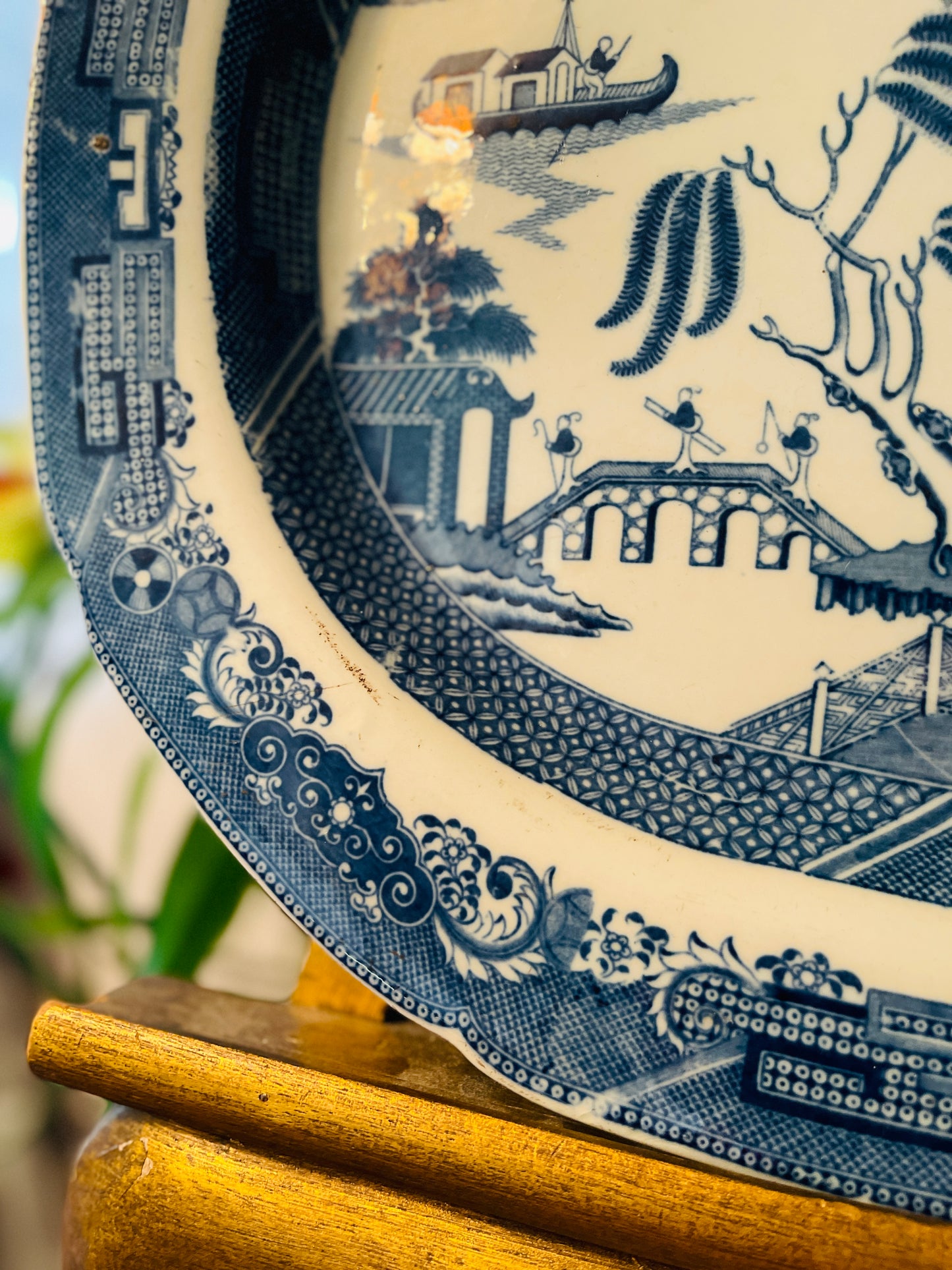 Antique English Blue Willow Platter – 20” Deep Cobalt Transferware Dish | Vintage Octagonal Serving Plate | Willow Pattern China