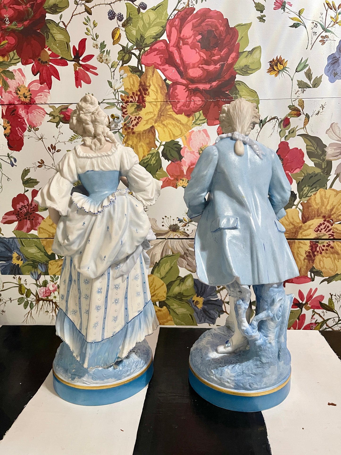 Blue and White French Figural Porcelain Statuettes, European Porcelain Bisque, Hand Painted