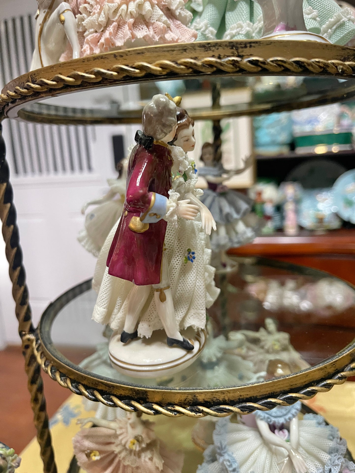 German Porcelain Dancing Couple Dresden-Style Lace Dancer Figurine | Vintage European Porcelain