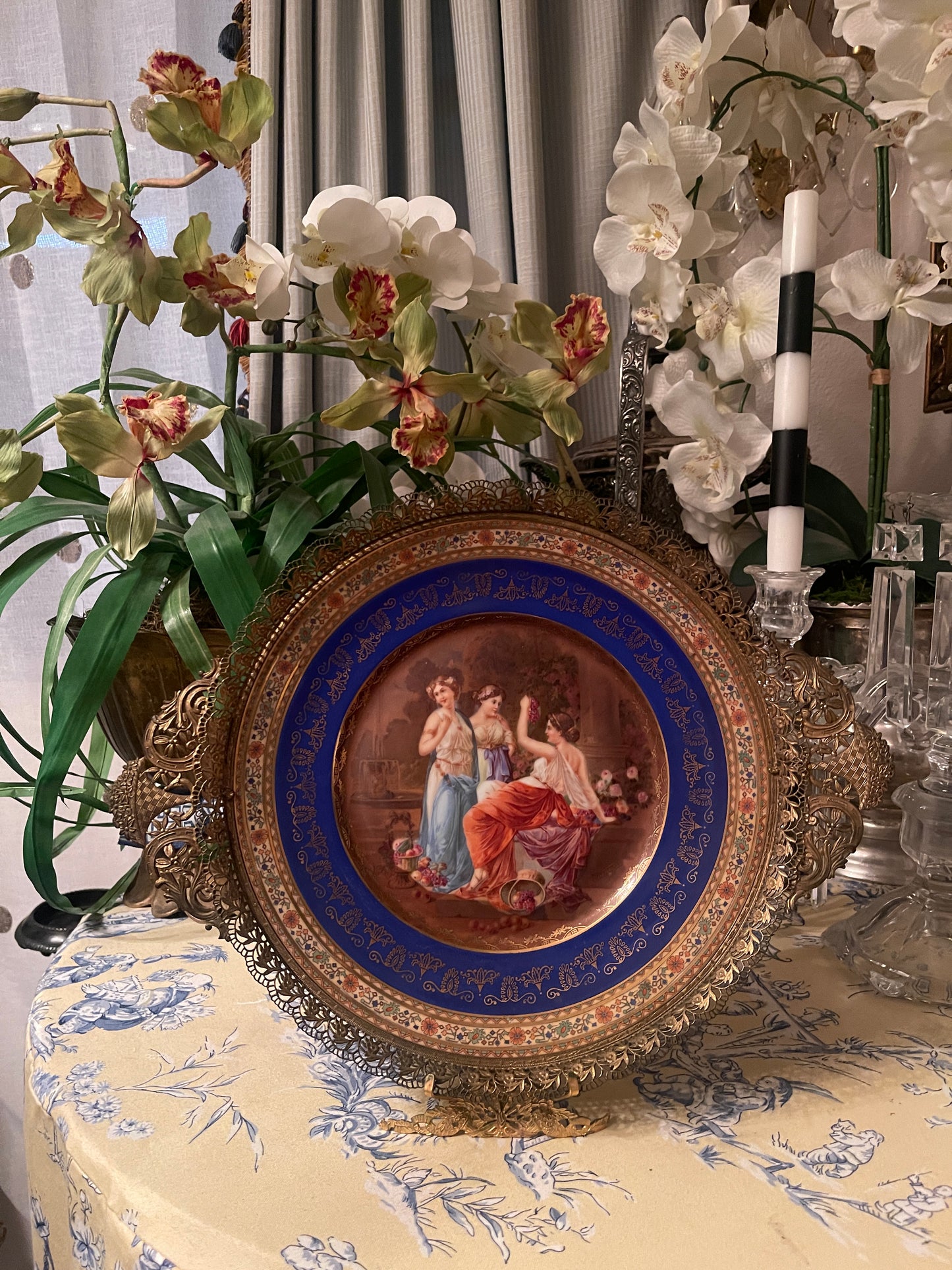 Vintage Neoclassical Porcelain Cabinet Plate with Ornate Holder