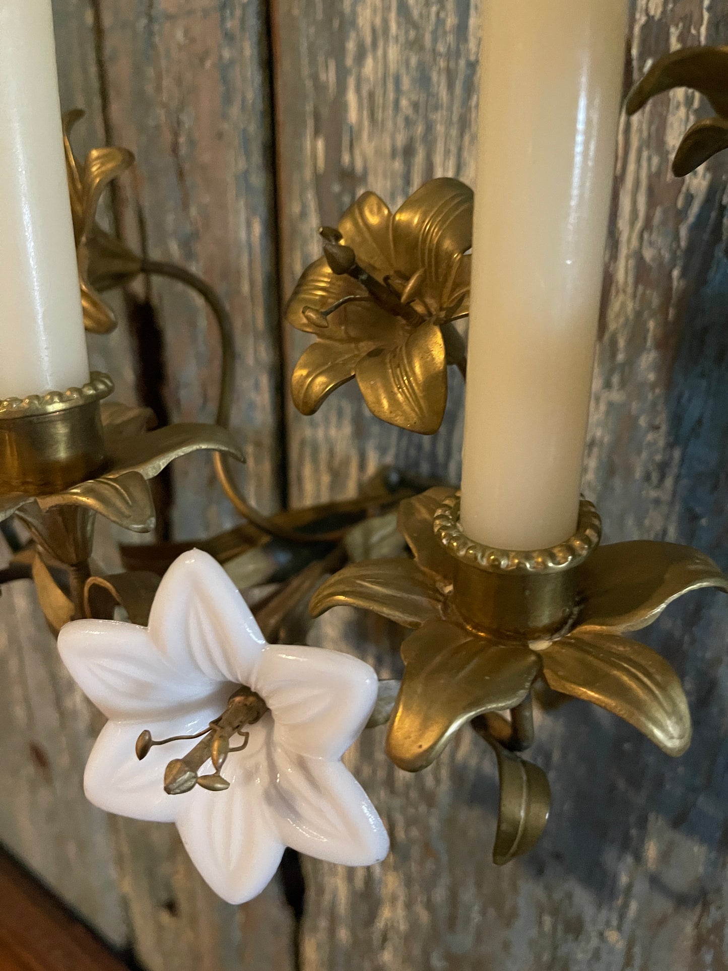 Antique French Church Gold Tole and Milk Glass Wall Sconces, Pair