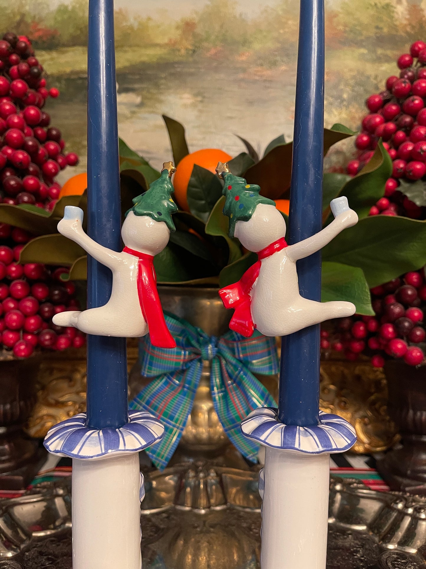 Mid Century 1958 Holt Howard Snowman Candle Hugger Pair, Made in Japan Hand Painted Porcelain, Holiday Estate Decor