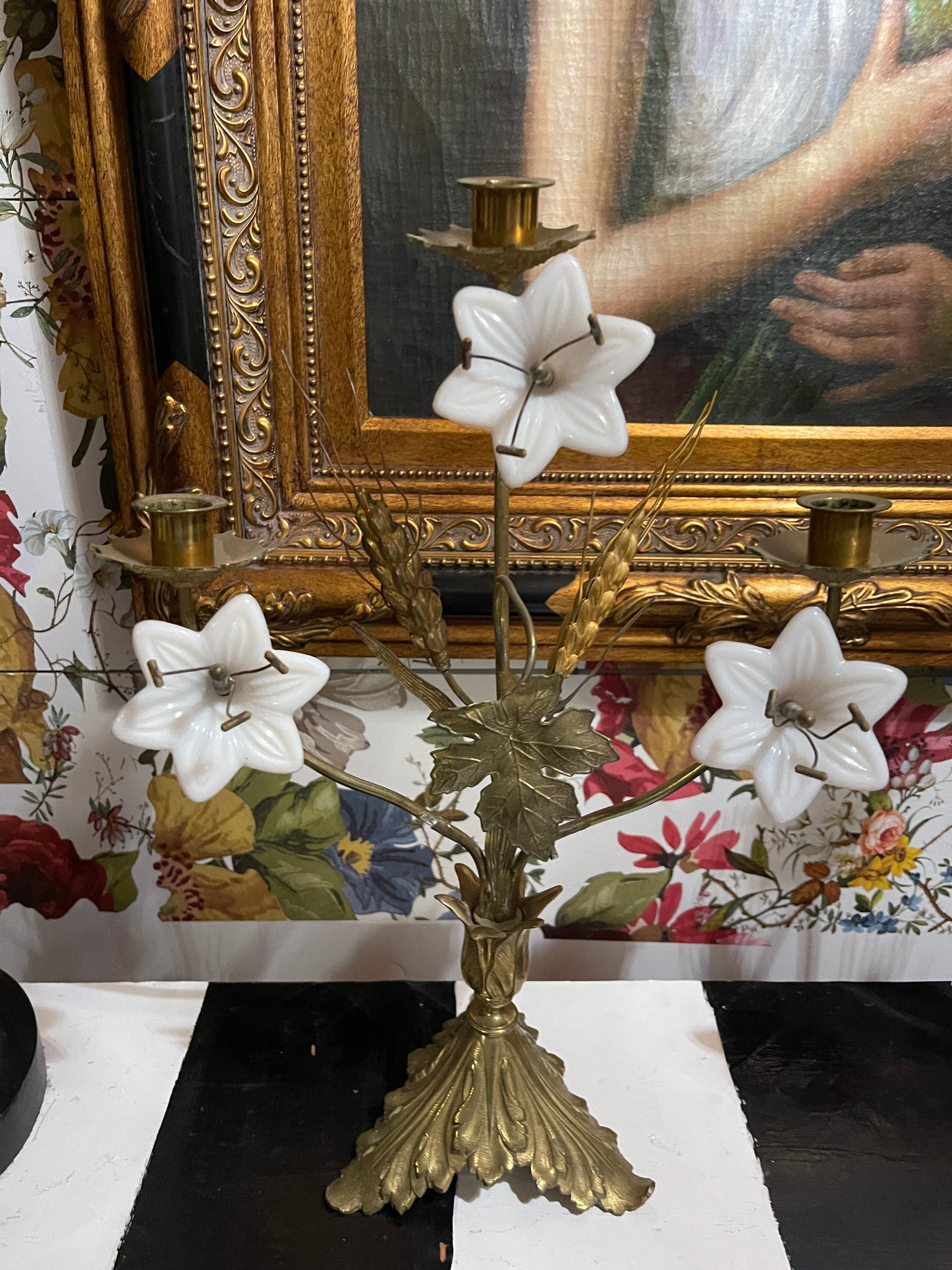 Pair of Antique French Brass Altar Candelabras with Milk Glass Lilies & Wheat Sheaves – Ecclesiastical Candle Holders