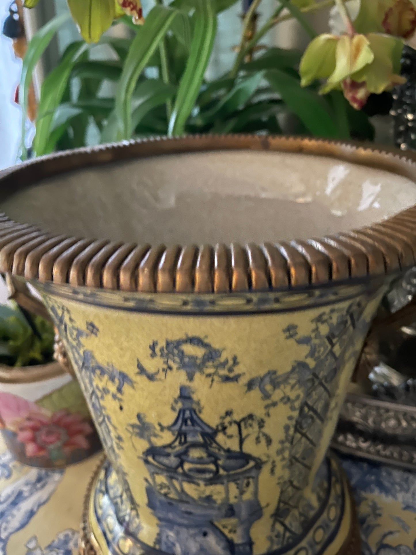 Chinoiserie Pagoda Porcelain and Ormolu Jardiniere