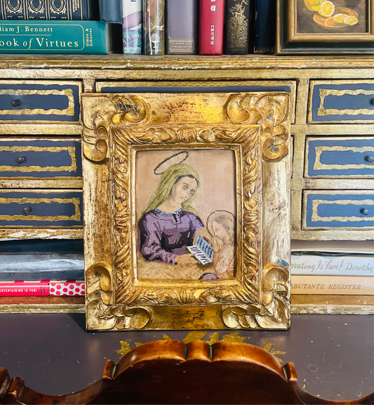 Antique Needlework, Beadwork & Paper Memento d’Amour – Madonna and Christ Child, 19th Century Folk Art Embroidery in Ornate Gilt Wood Frame