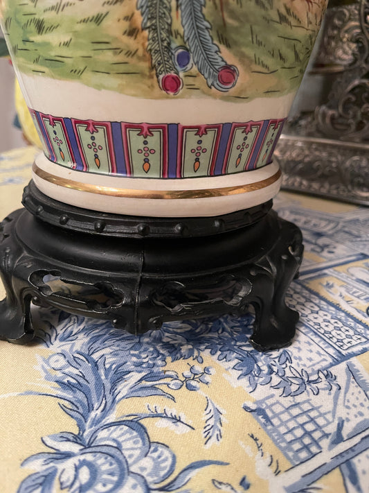 Vibrant Chinoiserie Lamp, Double Phoenix and Floral Chinoiserie Design, Ornate Metal Base